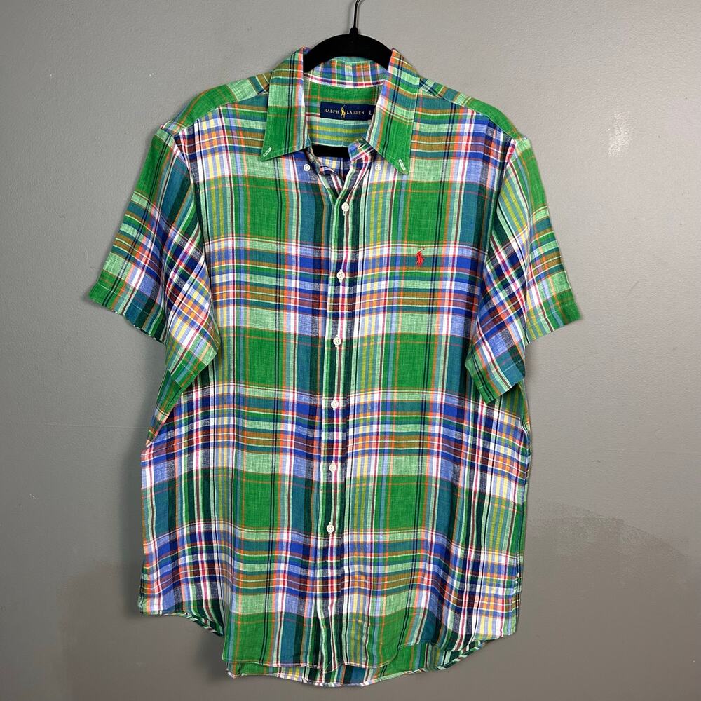 Ralph Lauren shirt large men’s button-down plaid Madras linen green short sleeve